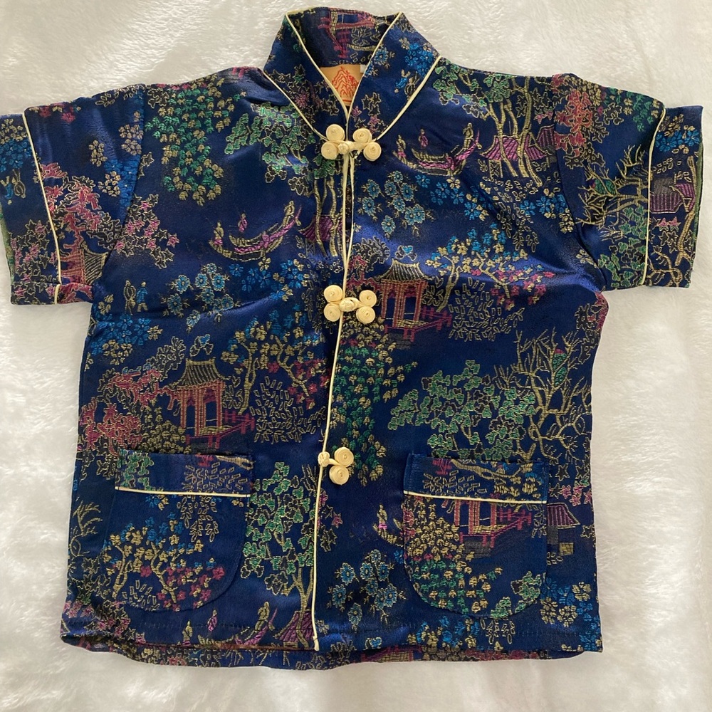 Kids Navy Floral Mandarin Collar Jacket